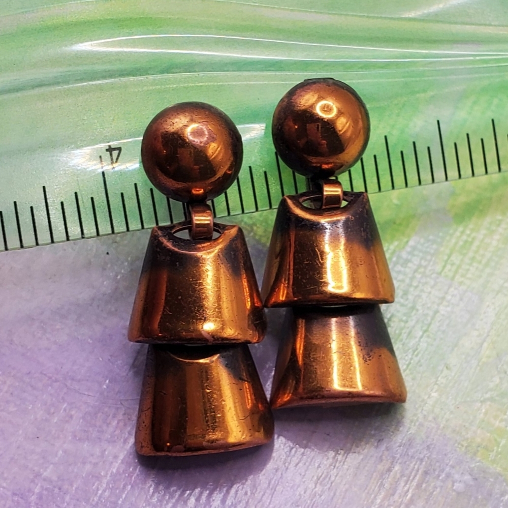 Vintage Copper Earrings Modernist Dangle Screwback Clips 60s 70s Era